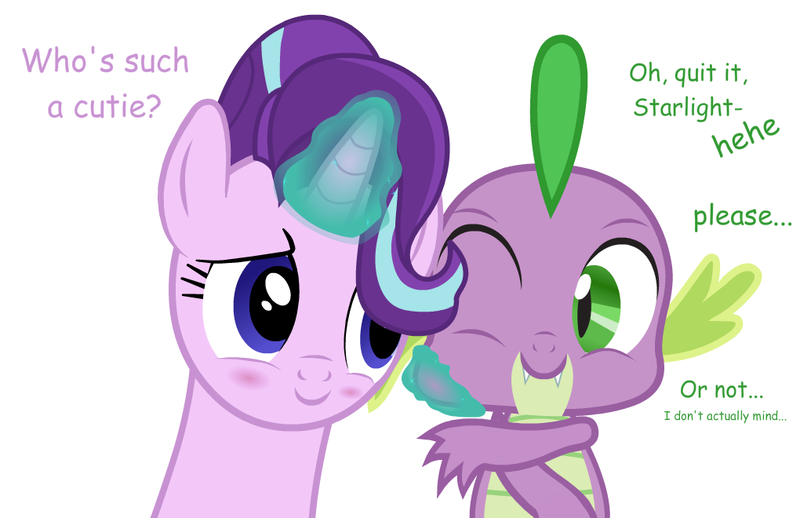 Size: 1020x660 | Tagged: safe, artist:ursamanner, derpibooru import, spike, starlight glimmer, dragon, pony, unicorn, blushing, cheek pinch, cute, dialogue, female, glimmerbetes, image, magic, male, one eye closed, png, show accurate, simple background, smiling, spikabetes, spikelove, white background