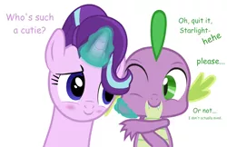 Size: 1020x660 | Tagged: safe, artist:ursamanner, derpibooru import, spike, starlight glimmer, dragon, pony, unicorn, blushing, cheek pinch, cute, dialogue, female, glimmerbetes, image, magic, male, one eye closed, png, show accurate, simple background, smiling, spikabetes, spikelove, white background