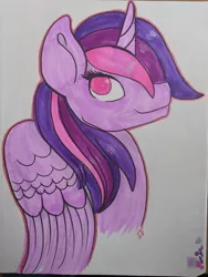 Size: 1536x2048 | Tagged: safe, artist:inkynotebook, derpibooru import, oc, oc:radiant star, unofficial characters only, alicorn, pony, alicorn oc, bust, horn, image, jpeg, smiling, solo, traditional art, wings