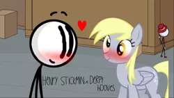 Size: 1280x720 | Tagged: safe, derpibooru import, derpy hooves, pegasus, pony, blushing, crossover, crossover shipping, cute, derpabetes, female, heart, henry stickmin, henry stickmin collection, henryderp, image, love, male, png, romantic, shipping, straight