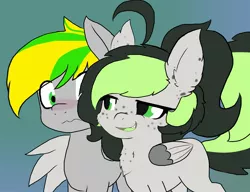 Size: 2195x1690 | Tagged: safe, artist:voidwalker001, derpibooru import, oc, oc:bree, oc:bree jetpaw, pegasus, cowlick, female, flirting, freckles, image, jpeg, male, open mouth, pegamutt, spots, straight