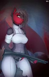 Size: 2500x3904 | Tagged: safe, artist:okata, derpibooru import, oc, unofficial characters only, anthro, bat pony, bat pony oc, bat wings, bodysuit, clothes, commission, female, gun, image, jpeg, mossberg 590a1, shotgun, solo, weapon, wings, ych result