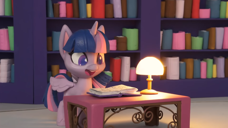 Size: 1920x1080 | Tagged: safe, derpibooru import, screencap, twilight sparkle, twilight sparkle (alicorn), alicorn, pony, book filled adventure, my little pony: pony life, my little pony: stop motion short, book, image, lamp, png, solo, stop motion