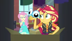 Size: 1920x1080 | Tagged: safe, derpibooru import, screencap, fluttershy, sunset shimmer, costume conundrum, costume conundrum: sunset shimmer, equestria girls, equestria girls series, spoiler:eqg series (season 2), female, geode of empathy, geode of fauna, image, magical geodes, png