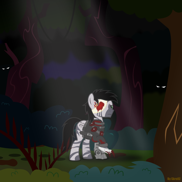 Size: 3000x3000 | Tagged: semi-grimdark, artist:skrollz, derpibooru import, oc, zebra, fallout equestria, bandage, blood, darkness, image, night, png, solo, vector, zebra oc