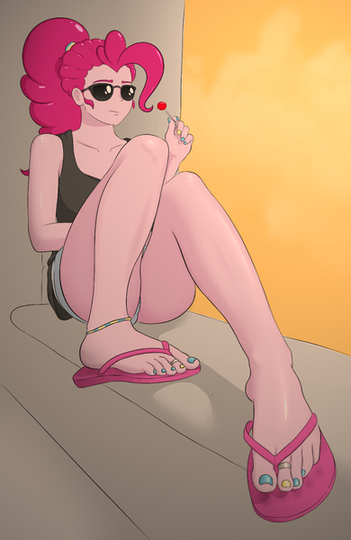 Size: 1300x2000 | Tagged: suggestive, artist:a_friendly_guest, derpibooru import, pinkie pie, equestria girls, alternate hairstyle, anklet, candy, feet, fetish, flip flops, flip-flops, food, foot fetish, image, lollipop, nail polish, png, ponytail, sandals, shoe dangling, sitting, sunglasses, toenail polish, toenails, toes