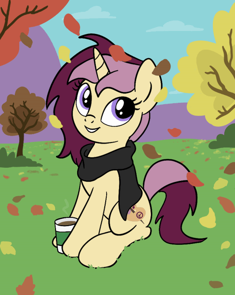 Size: 768x964 | Tagged: safe, artist:sjart117, derpibooru import, oc, oc:lannie lona, unofficial characters only, pony, unicorn, animated, autumn, bush, clothes, cloud, coffee, female, gif, grass, image, leaf, leaves, mare, mountain, scarf, sitting, sky, solo, tree