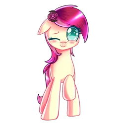 Size: 2200x2200 | Tagged: safe, artist:melanyoprisdraws, derpibooru import, roseluck, earth pony, pony, blushing, cute, cuteluck, female, floppy ears, flower, flower in hair, image, mare, one eye closed, png, raised hoof, simple background, solo, transparent background, weapons-grade cute