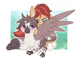 Size: 2200x1700 | Tagged: safe, artist:litrojia, derpibooru import, oc, oc:cottonwood kindle, oc:glade, unofficial characters only, earth pony, gryphon, pony, abstract background, bedroom eyes, blushing, chest fluff, gay, grooming, image, lidded eyes, male, oc x oc, paws, png, preening, shipping, smiling, spread wings, stallion, underpaw, wings