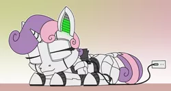 Size: 2000x1063 | Tagged: safe, artist:dacaoo, derpibooru import, sweetie belle, pony, robot, robot pony, charging, image, leonine tail, lying down, png, prone, sleeping, solo, sweetie bot