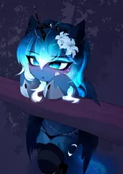 Size: 2894x4093 | Tagged: safe, artist:magnaluna, derpibooru import, princess luna, alicorn, pony, semi-anthro, blushing, clothes, crown, cute, female, filly, flower, flower in hair, image, jewelry, jpeg, lunabetes, panties, pouting, regalia, socks, solo, striped socks, underwear, woona, younger