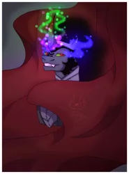 Size: 1280x1734 | Tagged: safe, artist:zarinaroseyt, derpibooru import, king sombra, pony, umbrum, unicorn, cape, clothes, evil grin, glowing horn, grin, horn, image, jpeg, male, signature, smiling, solo, sombra eyes, stallion