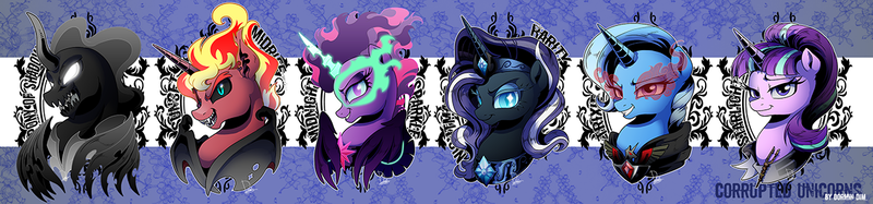 Size: 1200x280 | Tagged: safe, artist:dormin-kanna, derpibooru import, idw, nightmare rarity, pony of shadows, rarity, starlight glimmer, sunset shimmer, trixie, twilight sparkle, alicorn, unicorn, equestria girls, alicorn amulet, bust, corrupted, corrupted twilight sparkle, image, midnight sparkle, png, portrait, profile, smiling, sunset satan