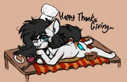 Size: 2086x1362 | Tagged: safe, artist:claudearts, derpibooru import, oc, oc:frostie, unofficial characters only, earth pony, pony, apple, bun, butter, food, hat, holiday, image, png, sauce, spoon, table, thanksgiving