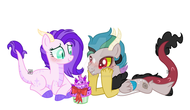 Size: 1280x744 | Tagged: safe, artist:kittypaintyt, derpibooru import, oc, oc:calamity, oc:lyla, draconequus, dracony, dragon, hybrid, pony, fallout equestria, blushing, cupcake, deviantart watermark, fangs, female, food, hoof on cheek, image, interspecies offspring, lying down, male, obtrusive watermark, oc x oc, offspring, offspring shipping, parent:discord, parent:princess celestia, parent:rarity, parent:spike, parents:dislestia, parents:sparity, png, prone, shipping, simple background, straight, transparent background, vector, watermark