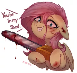 Size: 2465x2332 | Tagged: semi-grimdark, artist:maren, derpibooru import, fluttershy, pegasus, pony, .mov, shed.mov, blood, chainsaw, female, fluttershed, image, insanity, png, solo