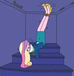 Size: 1549x1579 | Tagged: safe, artist:bugssonicx, derpibooru import, princess cadance, equestria girls, ankle tied, arm behind back, basement, bondage, bound and gagged, bound wrists, cloth gag, clothes, damsel in distress, dean cadance, eyeshadow, feet tied, female, gag, image, kicking, makeup, one eye closed, png, secret room, shoes, stairs, tied hands, tied up