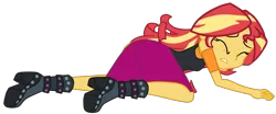 Size: 1858x775 | Tagged: safe, artist:gmaplay, derpibooru import, sunset shimmer, cheer you on, equestria girls, equestria girls series, spoiler:eqg series (season 2), boots, clothes, eyes closed, image, leather vest, png, shoes, shoulderless shirt, skirt, solo, teeth, vector