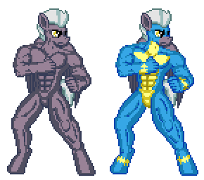 Size: 290x256 | Tagged: suggestive, artist:zeka10000, derpibooru import, thunderlane, anthro, unguligrade anthro, animated, clothes, fighting stance, gif, idle animation, image, male, multiple variants, muscles, muscular male, pixel art, simple background, solo, solo male, transparent background, uniform, wonderbolts uniform