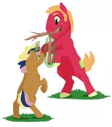 Size: 1280x1450 | Tagged: safe, artist:sandieapple, derpibooru import, big macintosh, oc, oc:galactic, earth pony, pony, unicorn, father and child, father and son, freckles, image, jpeg, male, mouth hold, offspring, parent:big macintosh, parent:twilight sparkle, parents:twimac, rearing, simple background, stick, white background