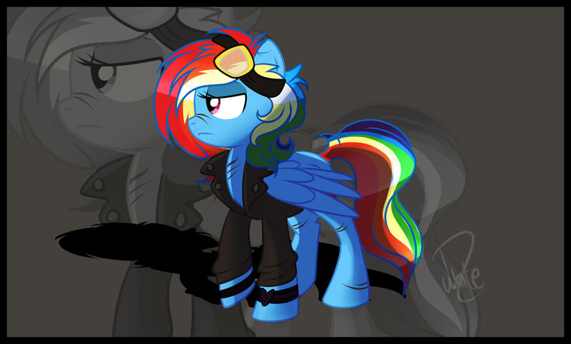 Size: 3154x1901 | Tagged: safe, artist:xwhitedreamsx, derpibooru import, rainbow dash, pegasus, pony, alternate hairstyle, bracelet, clothes, female, goggles, image, jacket, jewelry, jpeg, leather jacket, lidded eyes, loner dash, nose wrinkle, solo, zoom layer