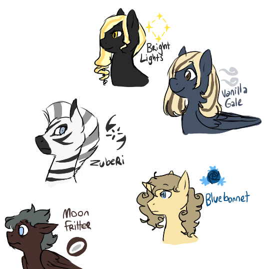 Size: 538x538 | Tagged: safe, artist:mew, derpibooru import, oc, oc:bluebonnet, oc:bright lights, oc:moonfritter, oc:vanilla gale, oc:zuberi, unofficial characters only, pegasus, pony, zebra, bust, female, image, mare, png, portrait