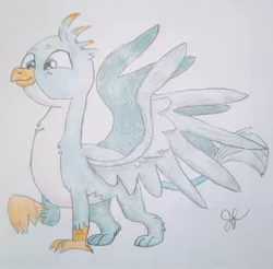Size: 2821x2776 | Tagged: safe, artist:goldenflow, derpibooru import, gallus, gryphon, colored pencil drawing, cute, gallabetes, image, jpeg, male, simple background, solo, spread wings, traditional art, white background, wings