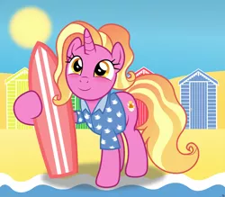 Size: 4002x3500 | Tagged: safe, artist:anime-equestria, derpibooru import, luster dawn, pony, unicorn, beach, beach house, blushing, clothes, cute, dunes, female, happy, hawaiian shirt, holding, horn, image, mare, png, sand, shack, shirt, smiling, solo, sun, surfboard, water