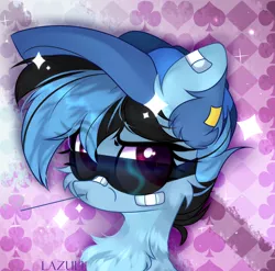 Size: 2886x2847 | Tagged: safe, artist:lazuli0209, derpibooru import, oc, unofficial characters only, earth pony, pony, bandaid, cheek fluff, chest fluff, commission, ear fluff, earth pony oc, eyelashes, hat, image, png, signature, solo, straw in mouth, sunglasses, ych result