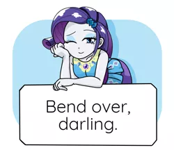 Size: 740x640 | Tagged: safe, artist:batipin, derpibooru import, edit, rarity, equestria girls, equestria girls series, bend over, darling, female, geode of shielding, image, jpeg, looking at you, magical geodes, mysterious white liquid, one eye closed, rarity peplum dress, solo, text edit, wink