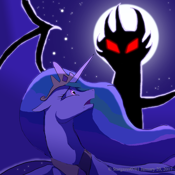 Size: 1890x1890 | Tagged: safe, artist:stargazerseven, derpibooru import, princess celestia, alicorn, dragon, pony, duo, female, full moon, image, looking back, mare, moon, night, open mouth, peytral, png, scared, stars