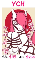 Size: 1000x1600 | Tagged: safe, artist:wwredgrave, derpibooru import, pony, advertisement, auction, auction open, bondage, cherry blossoms, commission, flower, flower blossom, image, japanese, jpeg, moon runes, rope, rope bondage, ropes, shibari, solo, tree, ych sketch, your character here