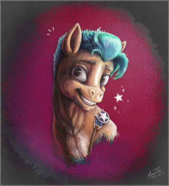 Size: 900x989 | Tagged: safe, artist:annitart, derpibooru import, hitch trailblazer, earth pony, pony, bust, g5, grin, image, jpeg, looking at you, male, portrait, signature, smiling, solo, stallion, stars, teeth