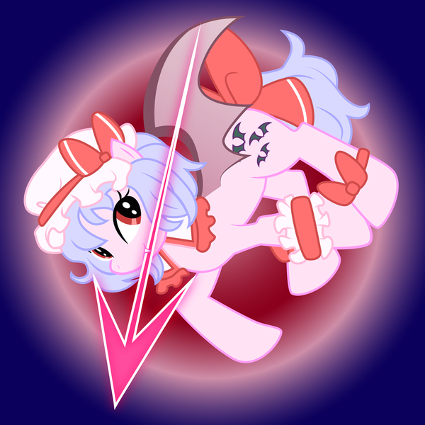 Size: 1000x1000 | Tagged: safe, artist:支部は活動停止中, derpibooru import, ponified, bat pony, pony, vampire, vampire bat pony, bow, crossover, female, gungnir, hat, image, mare, png, remilia scarlet, solo, spear, touhou, weapon