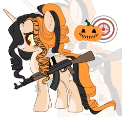 Size: 2942x2823 | Tagged: safe, artist:elberas, derpibooru import, oc, oc:hallow-points, unofficial characters only, pony, unicorn, ak-47, assault rifle, belt, eyeshadow, female, freckles, gun, image, makeup, mare, markings, png, rifle, simple background, solo, weapon, white background, zoom layer