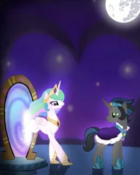 Size: 1000x1250 | Tagged: safe, artist:rxndxm.artist, derpibooru import, king sombra, princess celestia, alicorn, pony, celestibra, female, full moon, good king sombra, hoof shoes, image, jewelry, jpeg, looking at each other, looking back, magic mirror, male, mare, mare in the moon, moon, peytral, raised hoof, shipping, stallion, straight, tiara