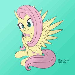 Size: 1000x1000 | Tagged: safe, artist:livehotsun, derpibooru import, fluttershy, pegasus, pony, animated, blinking, clover, cute, daaaaaaaaaaaw, eye shimmer, female, four leaf clover, gif, image, looking at you, mare, shyabetes, smiling, solo, wings