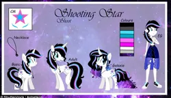 Size: 1080x619 | Tagged: safe, artist:rxndxm.artist, derpibooru import, oc, oc:shooting star, pony, unicorn, equestria girls, clothes, equestria girls-ified, ethereal mane, eyelashes, female, galaxy mane, horn, image, jewelry, jpeg, mare, necklace, reference sheet, shoes, sitting, skirt, smiling, unicorn oc