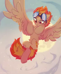 Size: 1825x2190 | Tagged: safe, artist:mirtash, derpibooru import, spitfire, pegasus, pony, chest fluff, ear fluff, female, flying, freckles, full moon, goggles, goggles on head, image, mare, moon, multicolored mane, multicolored tail, orange eyes, png, short mane, sky, solo, spread wings, tomboy, wings