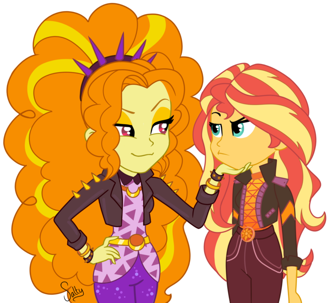 Size: 2378x2192 | Tagged: safe, artist:salty, derpibooru import, adagio dazzle, sunset shimmer, equestria girls, equestria girls series, rainbow rocks, sunset's backstage pass!, spoiler:eqg series (season 2), female, hand on chin, image, lesbian, png, ship, shipping, smiling, smirk, sunsagio, sunset shimmer is not amused, unamused