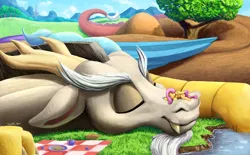 Size: 2500x1550 | Tagged: safe, artist:tsitra360, derpibooru import, discord, fluttershy, pegasus, pony, cookie, cup, cute, detailed, digital art, discute, duo, eyes closed, female, food, gentle giant, giant draconequus, giant pony, image, jpeg, macro, male, mare, picnic, picnic blanket, shyabetes, size difference, sleeping, smiling, tea, teacup, teapot, tree