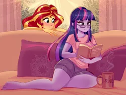 Size: 1280x966 | Tagged: safe, artist:xjenn9, derpibooru import, sunset shimmer, twilight sparkle, equestria girls, barefoot, blushing, book, couch, couple, curtains, cushion, cute, cyrillic, feet, female, glasses, image, jpeg, legs, lesbian, mug, reading, russian, shipping, sitting, smiling, sparkles, sunlight, sunsetsparkle, thighs, translated in the comments, window