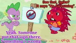 Size: 889x500 | Tagged: safe, derpibooru import, edit, edited screencap, screencap, spike, dragon, porcupine, crossed arms, duo, female, flaky, happy tree friends, image, jpeg, male, pointing, sign, text, wat