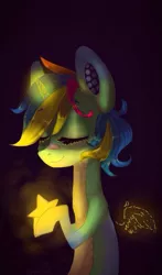 Size: 604x1024 | Tagged: safe, derpibooru import, oc, oc:mia (malarunych), unofficial characters only, original species, plush pony, pony, bandage, dark, eyes closed, female, glow, image, jpeg, mare, plushie, solo, stars