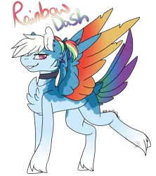 Size: 2288x2572 | Tagged: safe, artist:articfoxdraws, derpibooru import, rainbow dash, pegasus, pony, alternate hairstyle, chest fluff, choker, ear piercing, earring, female, grin, image, jewelry, mare, markings, necklace, piercing, png, raised leg, redesign, simple background, smiling, solo, transparent background, unshorn fetlocks