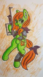 Size: 1024x1821 | Tagged: safe, artist:dice-warwick, derpibooru import, oc, oc:lottery, earth pony, pony, fallout equestria, armor, butt freckles, ear piercing, earring, freckles, image, jewelry, jpeg, piercing, pipe rifle, solo
