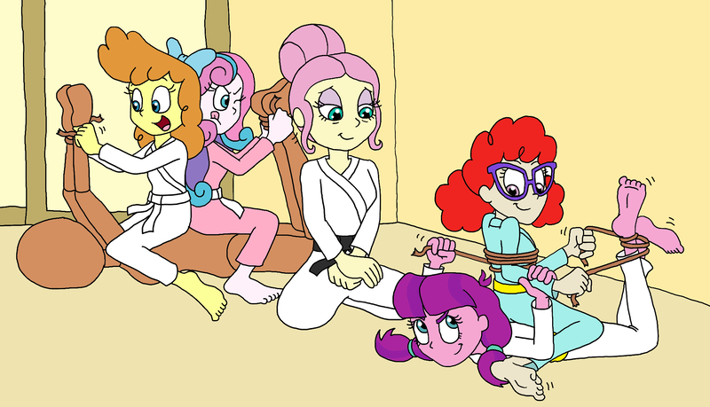 Size: 1974x1133 | Tagged: safe, artist:bugssonicx, derpibooru import, fluttershy, lily longsocks, princess flurry heart, pumpkin cake, twist, equestria girls, barefoot, bondage, dojo, equestria girls-ified, feet, gi, glasses, hair bun, hojojutsu, image, martial arts, older, older flurry heart, older fluttershy, older lily longsocks, older pumpkin cake, older twist, png, rope, sitting, sitting on person, sparring