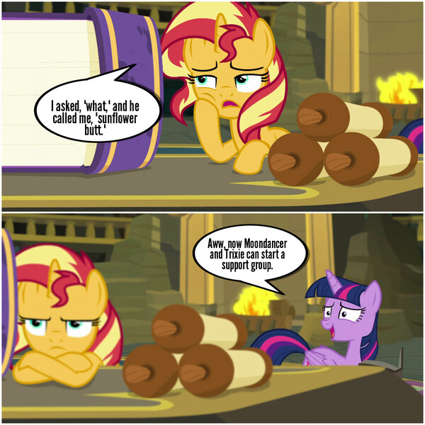 Size: 1400x1400 | Tagged: safe, artist:thor-disciple, derpibooru import, edit, edited screencap, screencap, sunset shimmer, twilight sparkle, twilight sparkle (alicorn), alicorn, equestria girls, equestria girls series, forgotten friendship, canterlot library, comic, fire, fireplace, image, implied moondancer, implied sandbar, implied trixie, jpeg, king of the hill, screencap comic, scroll