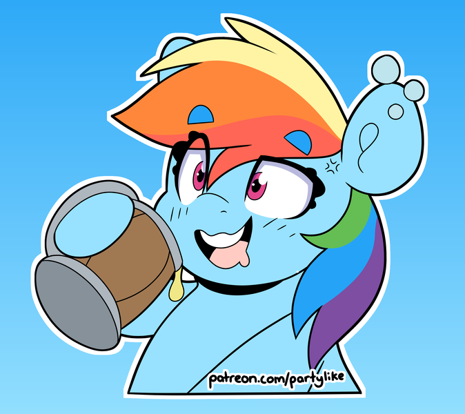 Size: 4000x3561 | Tagged: safe, artist:partylikeanartist, derpibooru import, rainbow dash, pegasus, pony, blushing, bubble, cider, cross-popping veins, drool, drunk, drunker dash, eye clipping through hair, eyebrows, eyebrows visible through hair, go home you're drunk, gradient background, image, mug, patreon, png, solo, stein, sticker, tipsy, white outline