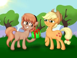Size: 4032x3024 | Tagged: safe, artist:background basset, derpibooru import, applejack, oc, oc:amber rose (thingpone), oc:thingpone, angry, derpibooru exclusive, duo, duo female, female, gift giving, image, png, present